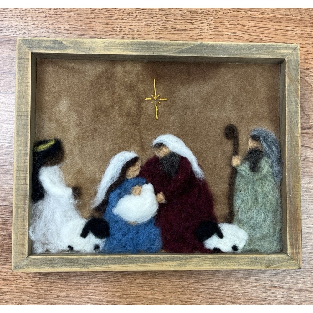 Needle Felting Framed Art Nativity Scene Jesus Mary Sheep Shepard Angel